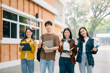 Young people college students is reading a book while relaxing sitting on grass in a campus park