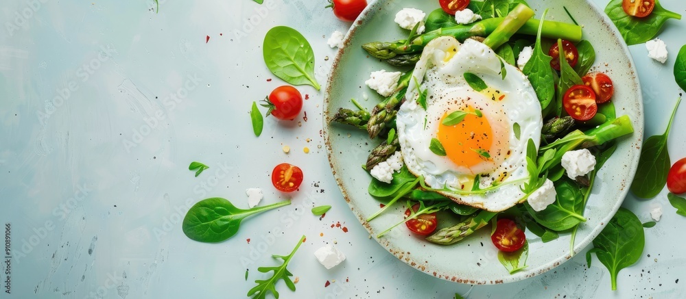 Aufkleber Top view of vegan warm asparagus salad with spinach cherry tomatoes feta cheese and a poached egg on a light blue background with space for text or images. Creative banner. Copyspace image