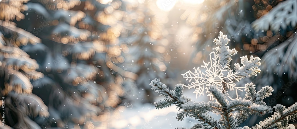 Poster forest scenery with a snowy spruce tree adorned with a delicate snowflake in a copy space image focu