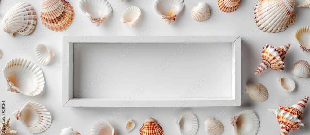 Poster seashells scattered around a white frame on a white backdrop with a vacant copy space image within