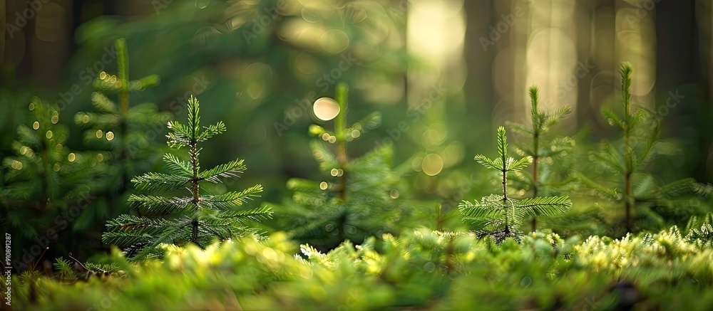 Aufkleber forest with copy space image featuring young fir trees focused in the background