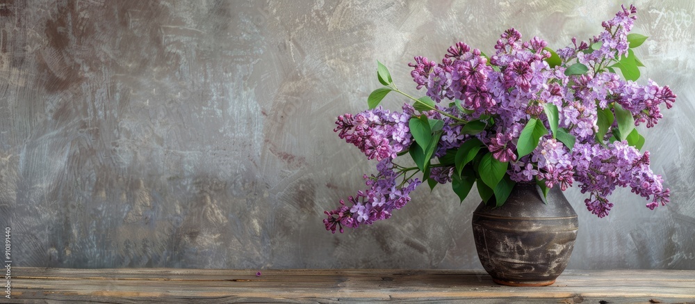 Aufkleber lilac bouquet in a vase on a wooden table against a concrete wall in a copy space image