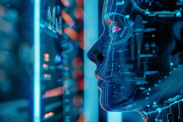 Digital AI head in a server room.