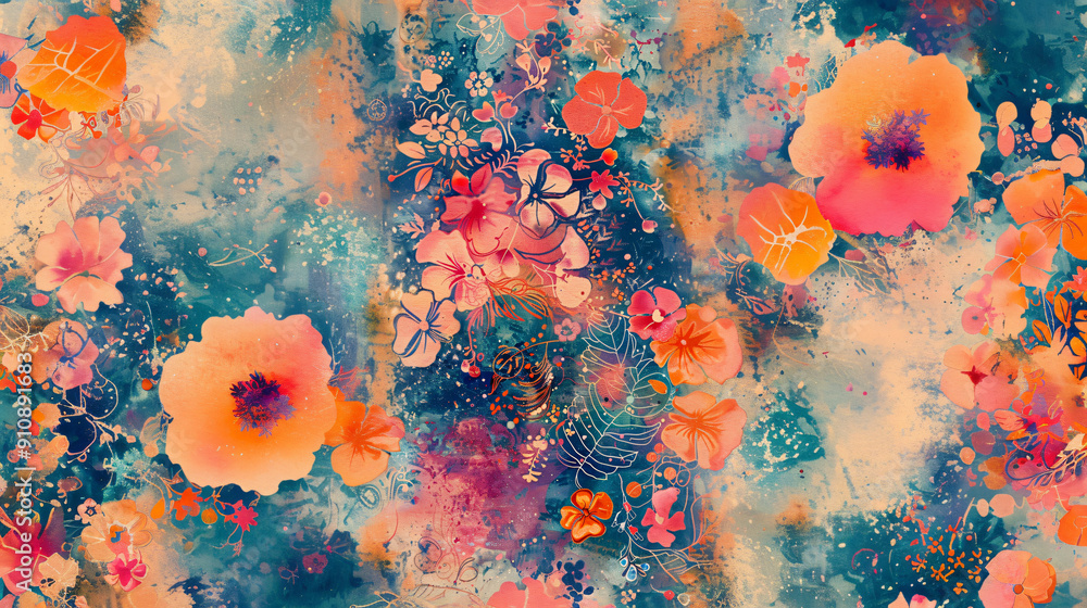 Poster Vibrant and colorful floral arrangement on a textured background in a seamless surface pattern design