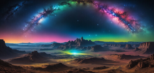Obraz premium a vast, flat land, starry sky. Surrounding them, vibrant stars and glowing planets shine in a spectrum of colors, This cosmic scene creates a mesmerizing display