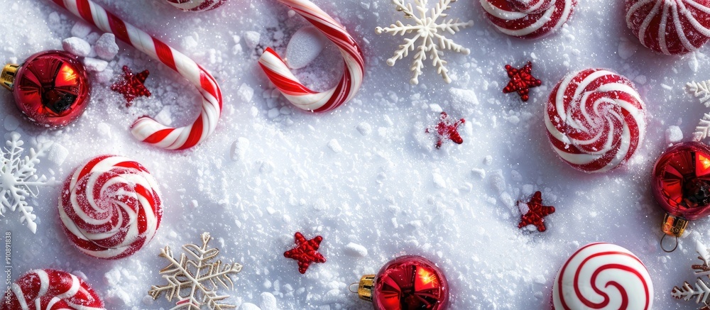 Aufkleber creative holiday concept with christmas candy arranged on snow in a flat lay style with copy space i
