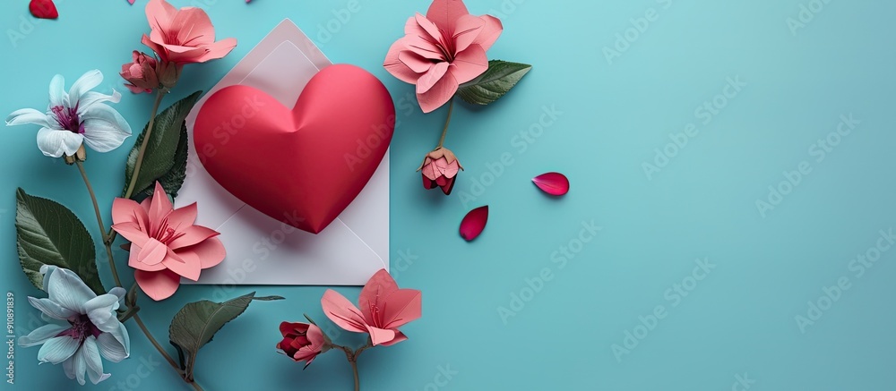Poster valentine s day card mockup with envelope red heart and flowers on a paper background for copy space