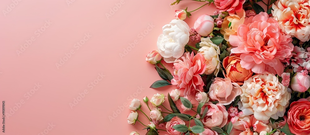 Aufkleber An exquisite bouquet of artificial flowers as a border on a background with ample copy space image