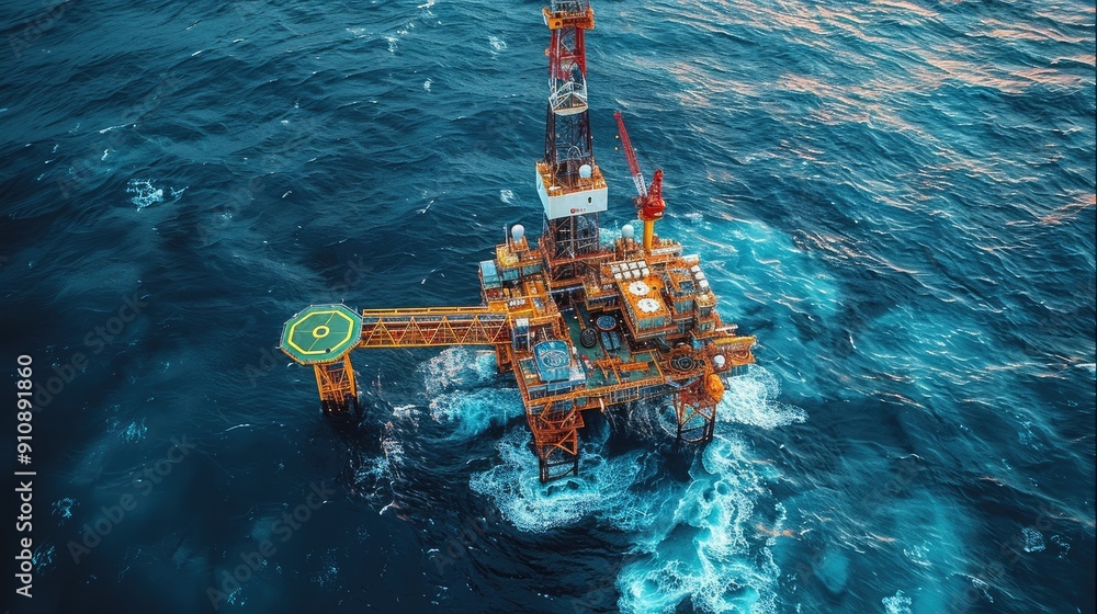 Aufkleber Offshore drilling platform with open sea surface. top view. Generative AI.