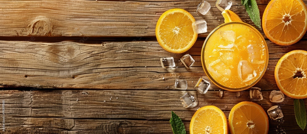 Poster Fresh orange juice with ice on a wooden surface background showcasing a copy space image