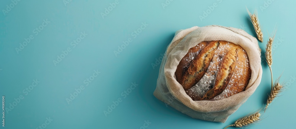 Poster flat lay with copy space image of mesh bag holding freshly baked bread on a blue background