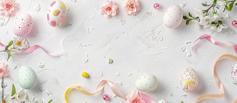 Poster easter themed background featuring pastel colored eggs flowers candy and ribbons on a white backdrop