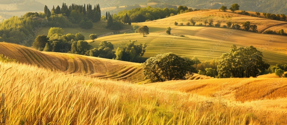 Poster Scenic hilly landscapes with wheat fields adding color to the countryside ideal for a copy space image