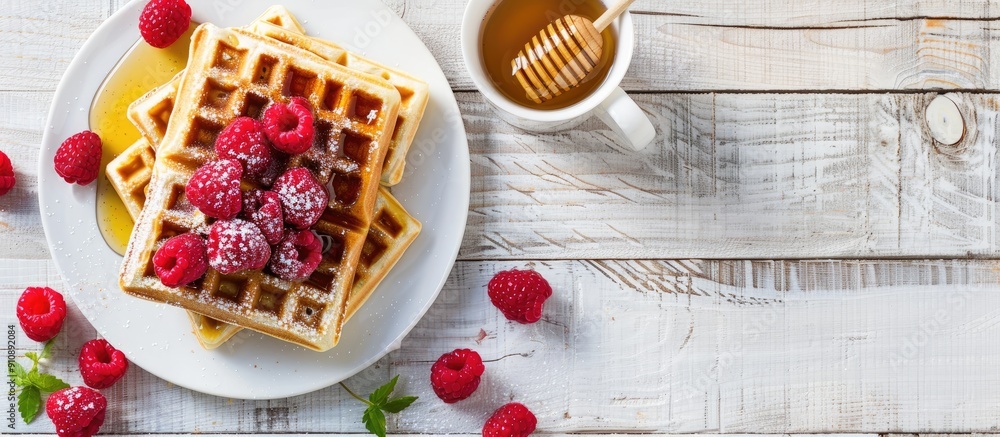 Leinwandbilder scrumptious breakfast featuring waffles drizzled with honey fresh raspberries and a cup of coffee di