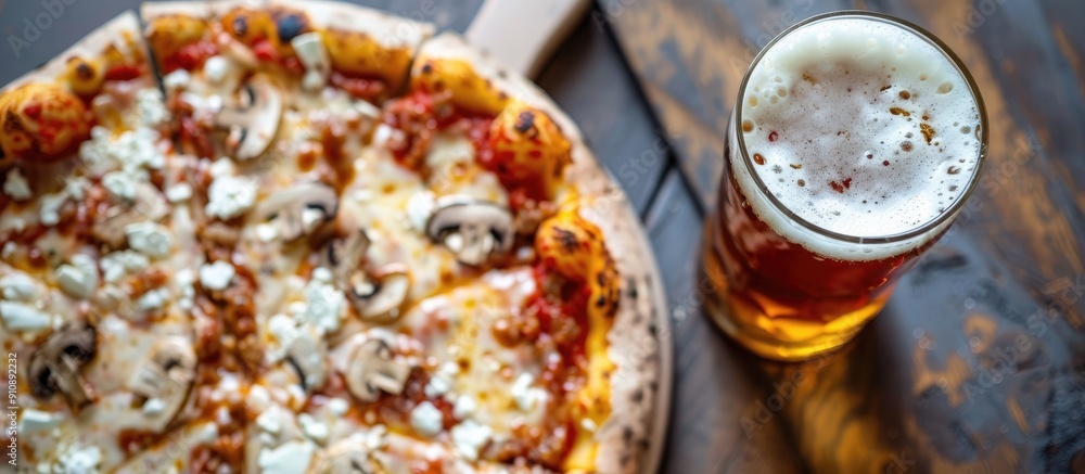 Poster Scrumptious pizza topped with a mix of cheese and mushrooms served with beer on a table with copy space image