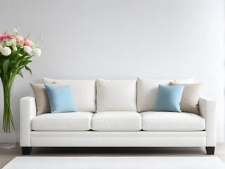 Interior of modern living room with white sofa, pillows and flowers