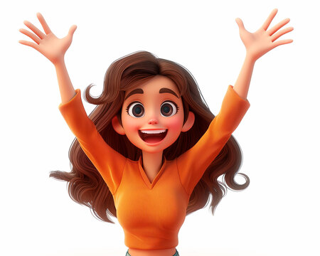 Happy smile laughing cartoon character young adult woman person portrait jumping with hands up in 3d style design on white background. Human people feelings expression concept