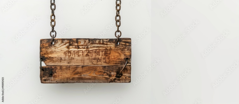 Aufkleber a wooden signboard hangs from a metal chain against a white backdrop featuring copy space for an ima