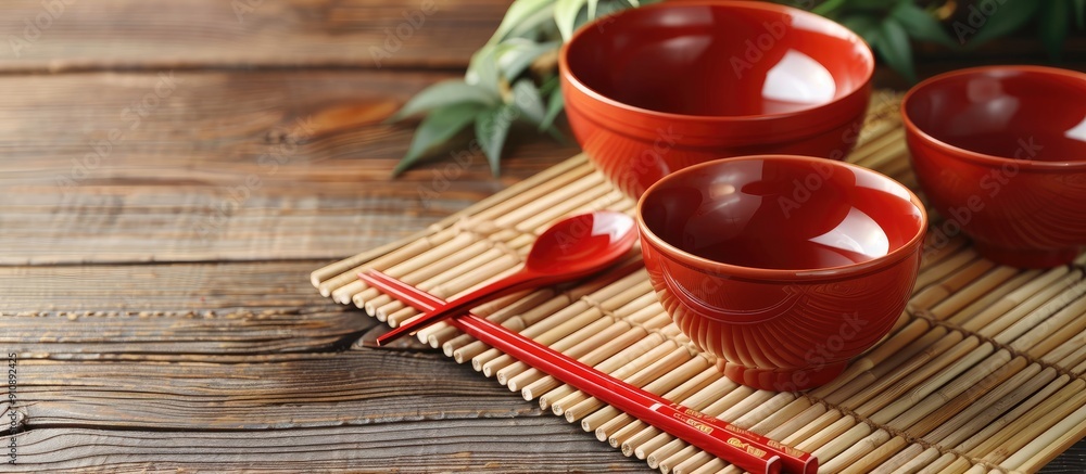 Aufkleber japanese kitchenware set of red chopsticks bowls and cup arranged on a bamboo mat and wooden table w