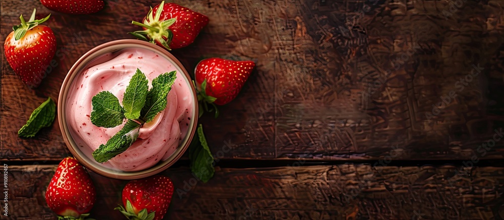 Aufkleber strawberry creamy dessert with mint on a wooden background viewed from the top with ample copy space