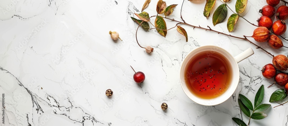 Aufkleber rose hip tea and fresh berries arranged on a white marble surface with ample copy space image