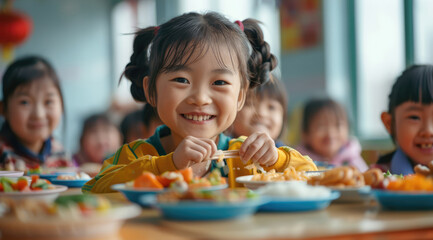 Fototapeta premium Chinese primary school students eating at school. The children have smiles on their faces. Generative AI.