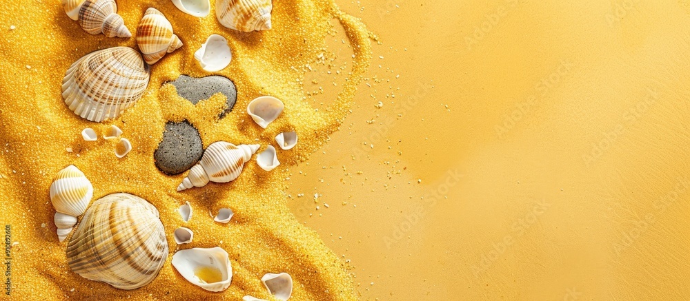 Poster yellow sand adorned with shells and stones providing copy space image