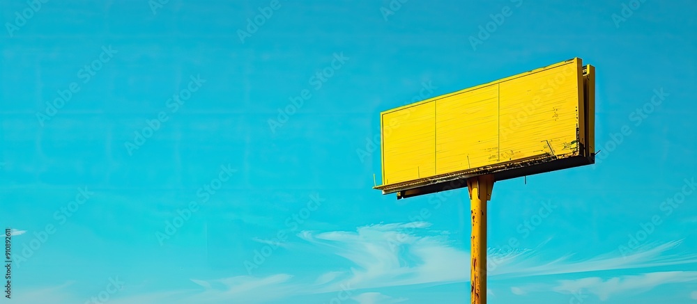 Poster vibrant yellow signage set against a clear blue sky creating an eye catching display with copy space