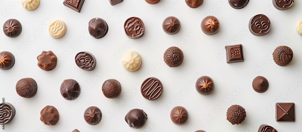 Poster various tasty chocolate candies arranged on a blank white surface for text placement in a flat lay c