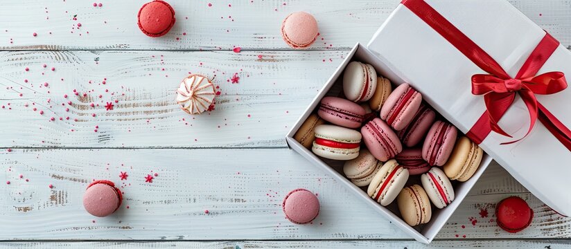 Valentine s Day theme with a white rustic wooden backdrop holding a white gift box filled with vibrant macarons creating a romantic copy space image