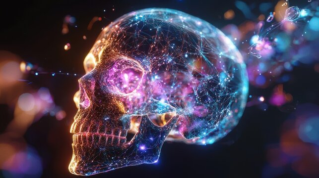 A skull with holographic abstract 3D shapes creating a halo effect around it, the shapes pulsating with light and color, giving a celestial and futuristic vibe, set against a black background 