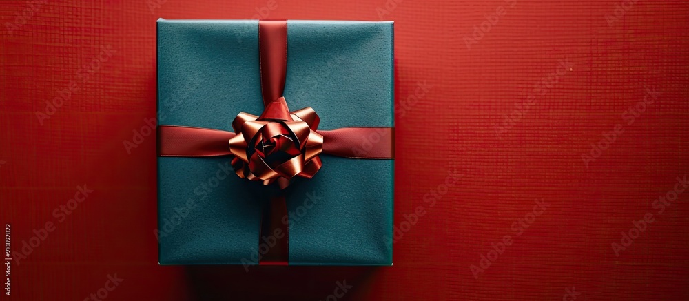 Leinwandbilder Top view photo showing a gift box with a bow on a red background ideal for adding text or other images in the open area. Creative banner. Copyspace image