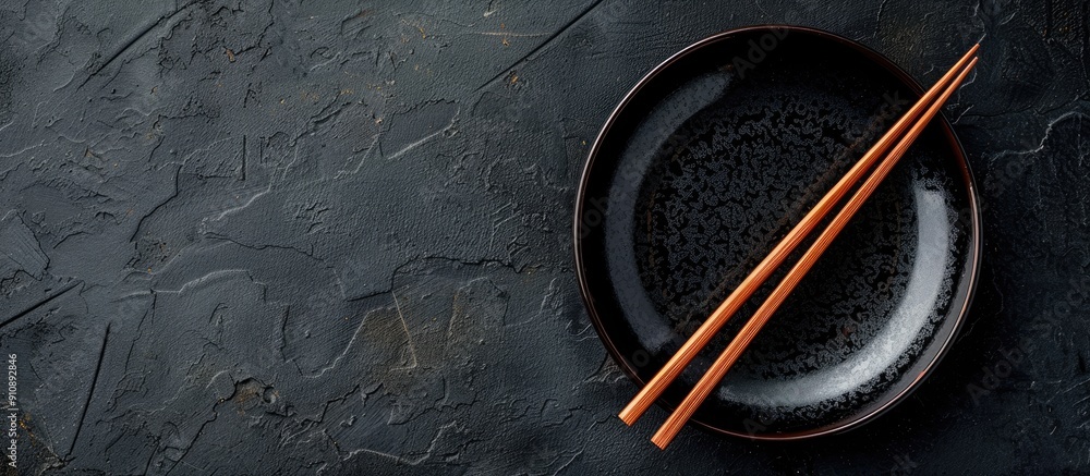 Poster a traditional japanese chopstick plate is seen from above on a dark backdrop providing copy space fo