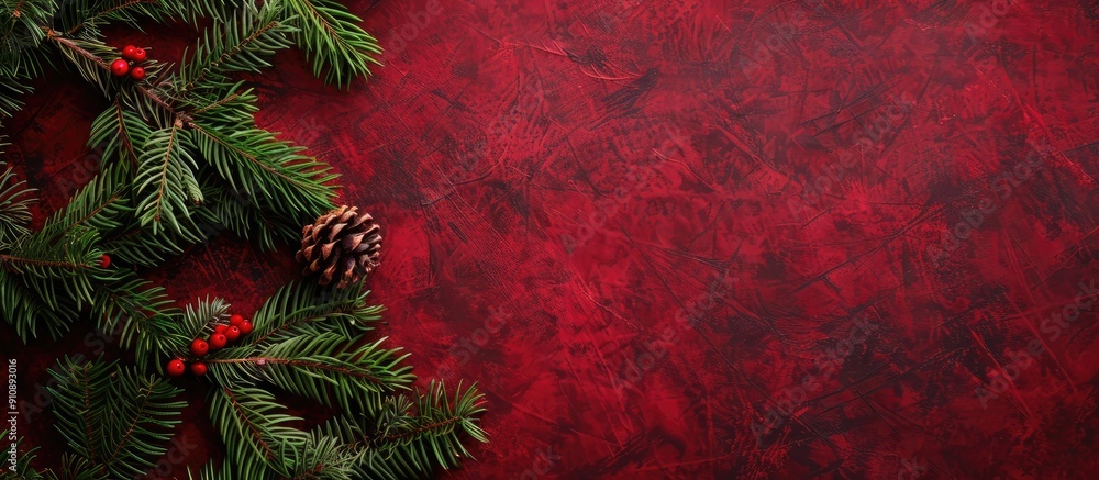 Poster Spruce tree branches on a red velvet background creating a festive Christmas decoration setting Top down view emphasizes the card concept with ample copy space image