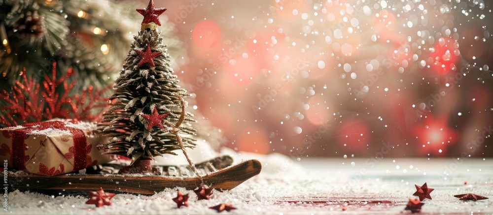Aufkleber a simple and bright christmas composition featuring a decorative fir tree wooden sledge snow and shi