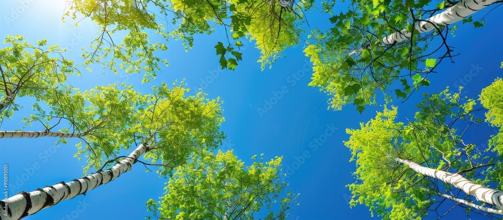 Poster springtime birch trees set against a clear blue sky provide a vivid and serene copy space image