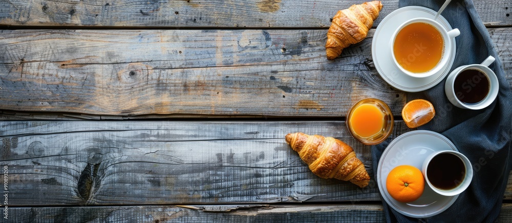 Fototapete top view of a wooden table set with breakfast essentials like coffee orange juice and a croissant cr