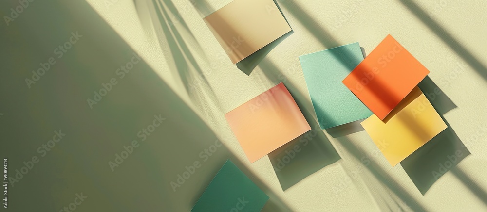 Leinwandbilder Minimalistic blank cards in various colors floating on a beige green backdrop with shadows ideal for a business brand template offering ample copy space image