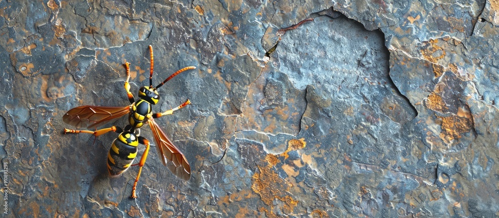 Sticker A wasp rests on a textured grey stone backdrop with ample copy space for an image celebrating wildlife and insect diversity