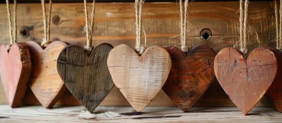 Heart shaped wooden decorations add warmth and charm to any space with their rustic appeal and can be a delightful addition to your home decor or crafts. Creative banner. Copyspace image