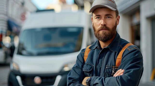Locksmith with a white work van behind him, light background, natural light. Generative AI.