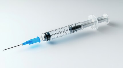 Fototapeta premium A close-up image of a syringe with a blue needle, commonly used for medical injections and vaccinations.
