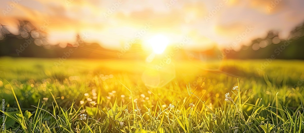 Poster Sunset backdrop with a field of grass in the foreground perfect for copy space image