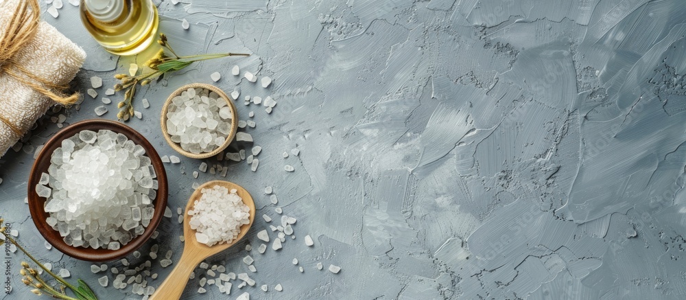 Aufkleber a spa set featuring mineral salt and oil placed on a grey background with ample copy space image ava