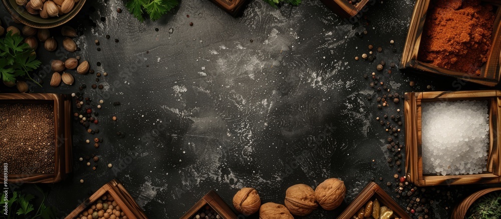Poster Various spices displayed on a dark backdrop encircled by wooden boxes holding salt pepper coriander cloves walnuts and parsley creating a border for a copy space image