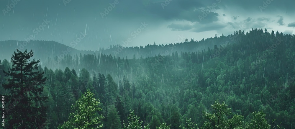 Poster the scenic view shows impending rain in the sky above a forest with a serene backdrop. creative bann