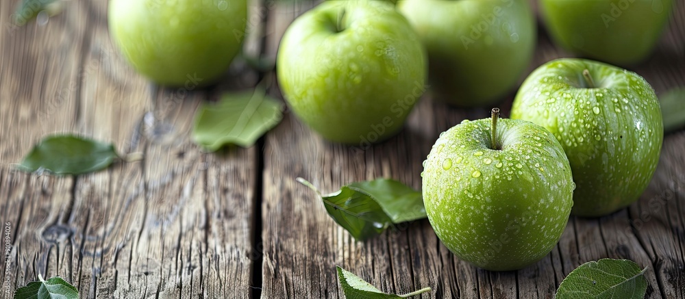 Poster fresh ripe green apples displayed beautifully on a wooden table with ample copy space image