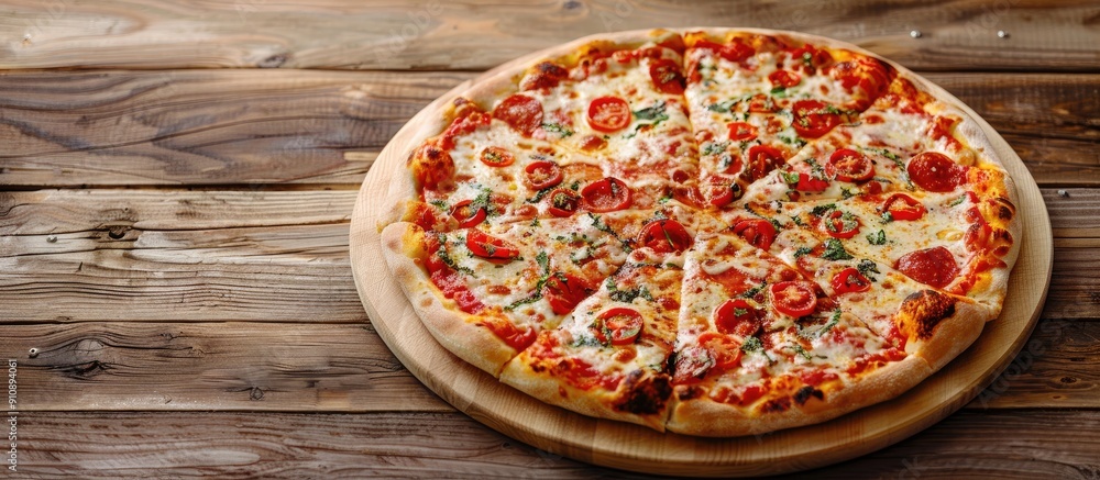 Poster Tasty Italian pizza with a tempting array of toppings on a rustic wooden table with a copious amount of melted cheese and fresh tomato sauce perfect for any mealtime copy space image