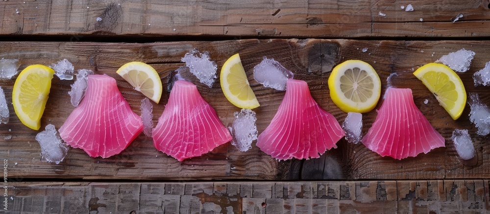 Poster four raw tilapia fish tails with pink fins arranged on a wooden table served with ice lemon and brig