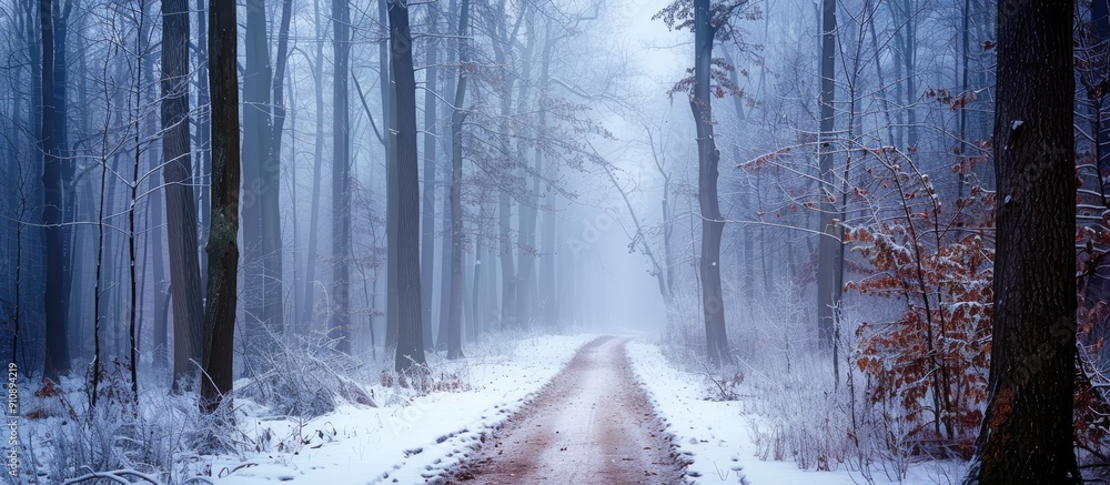 Leinwandbilder winter scene of a frost covered forest path with mist perfect for a copy space image